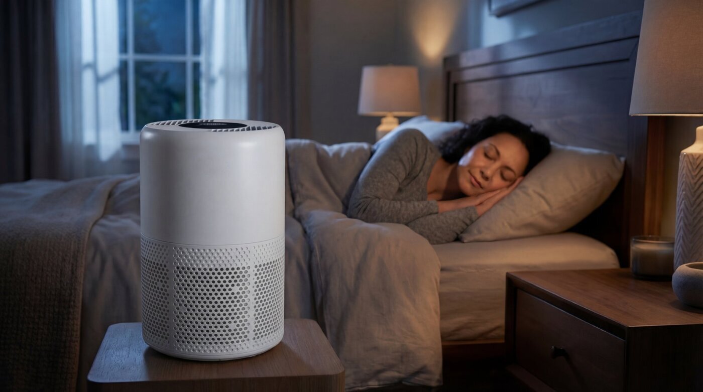 AI-generated bedroom night scene — air purifier on nightstand, Reveal Photo Richmond VA