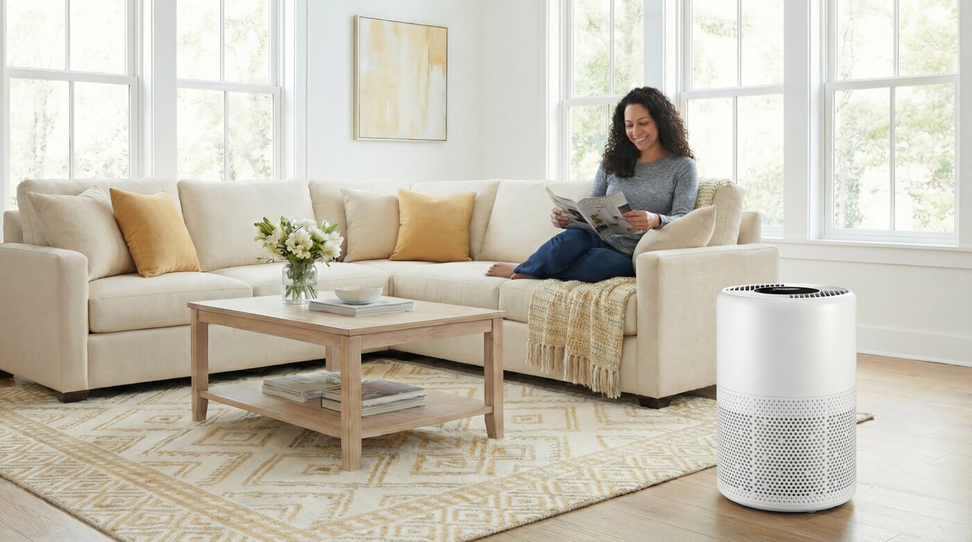 AI-generated lifestyle scene — air purifier in bright living room, Reveal Photo Richmond VA