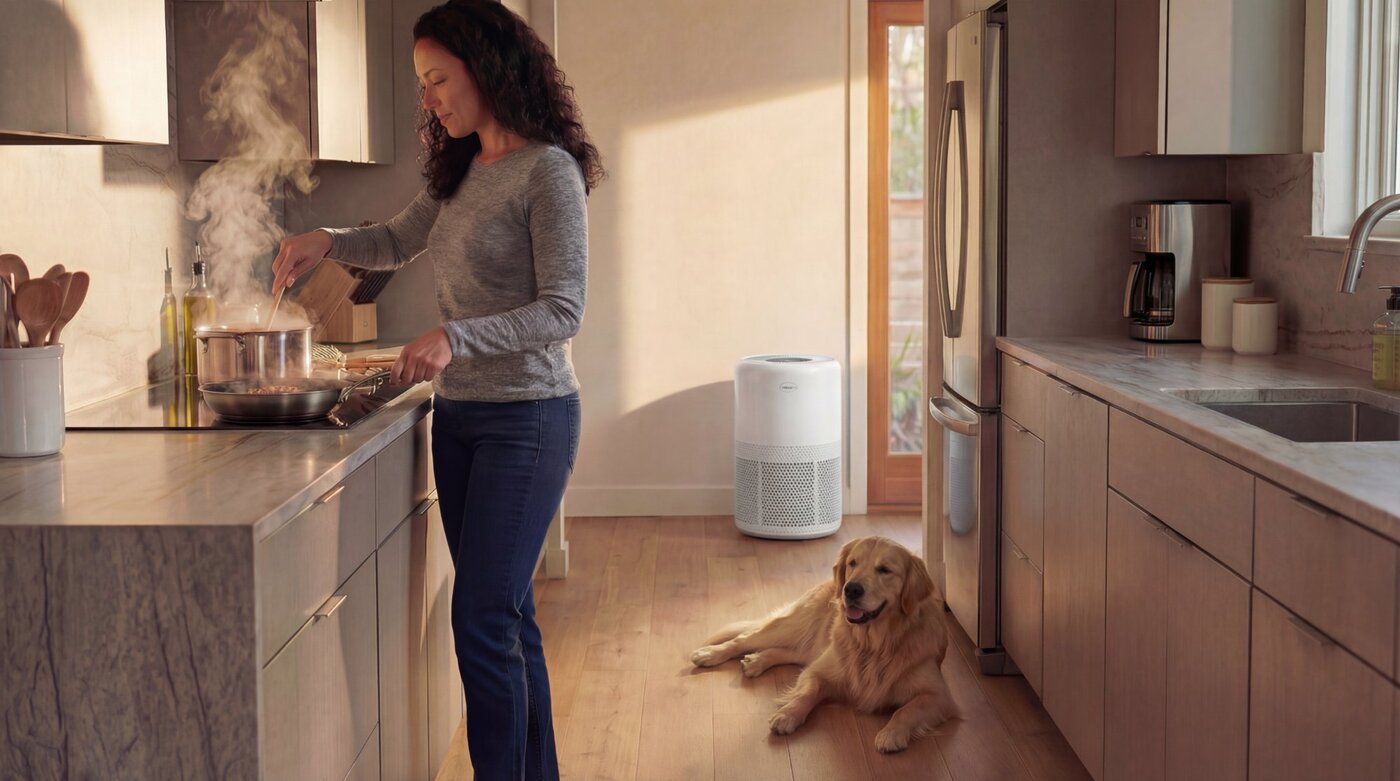 Clorox air purifier AI-generated kitchen lifestyle scene with dog, Reveal Photo Richmond VA