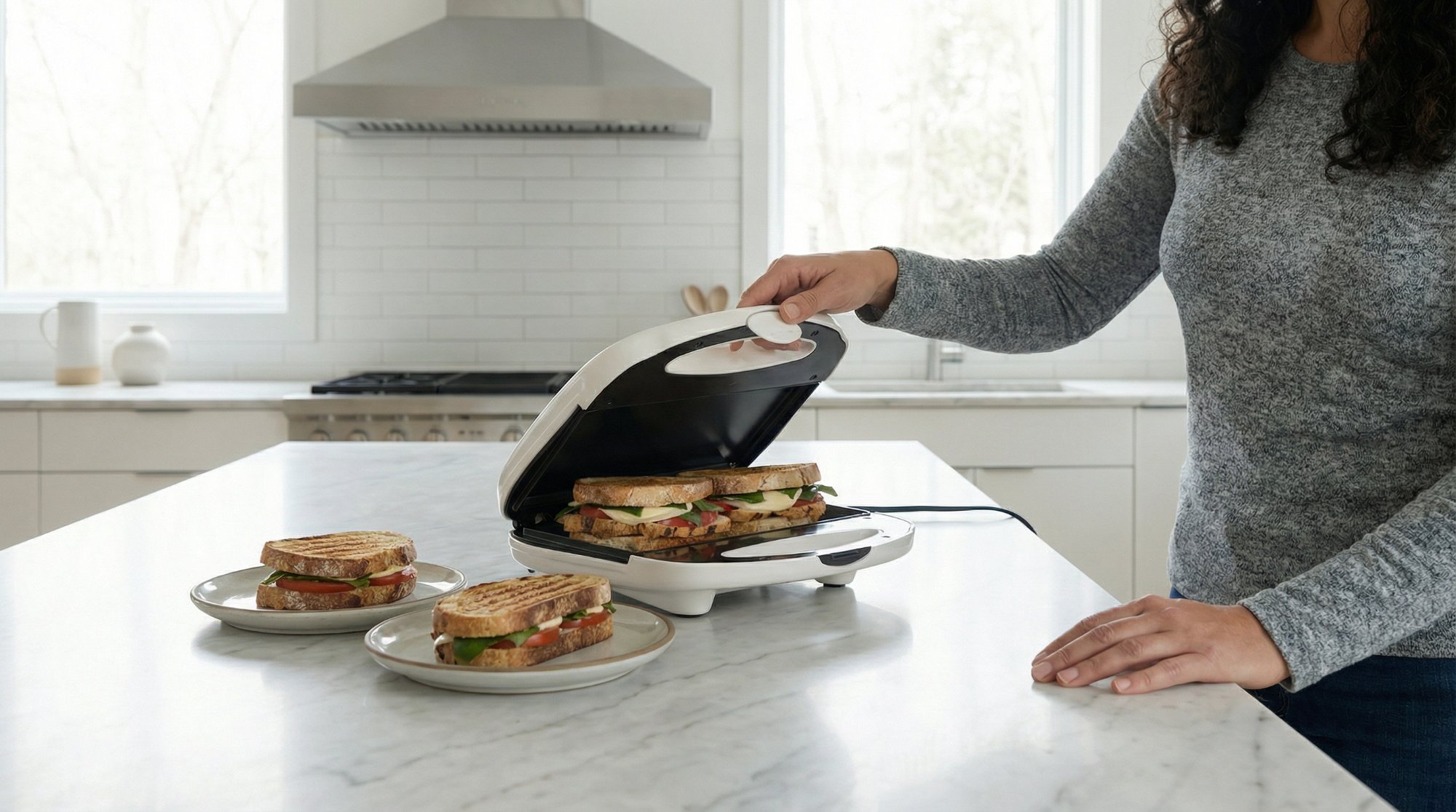 Hamilton Beach sandwich maker AI lifestyle scene — kitchen countertop, Reveal Photo
