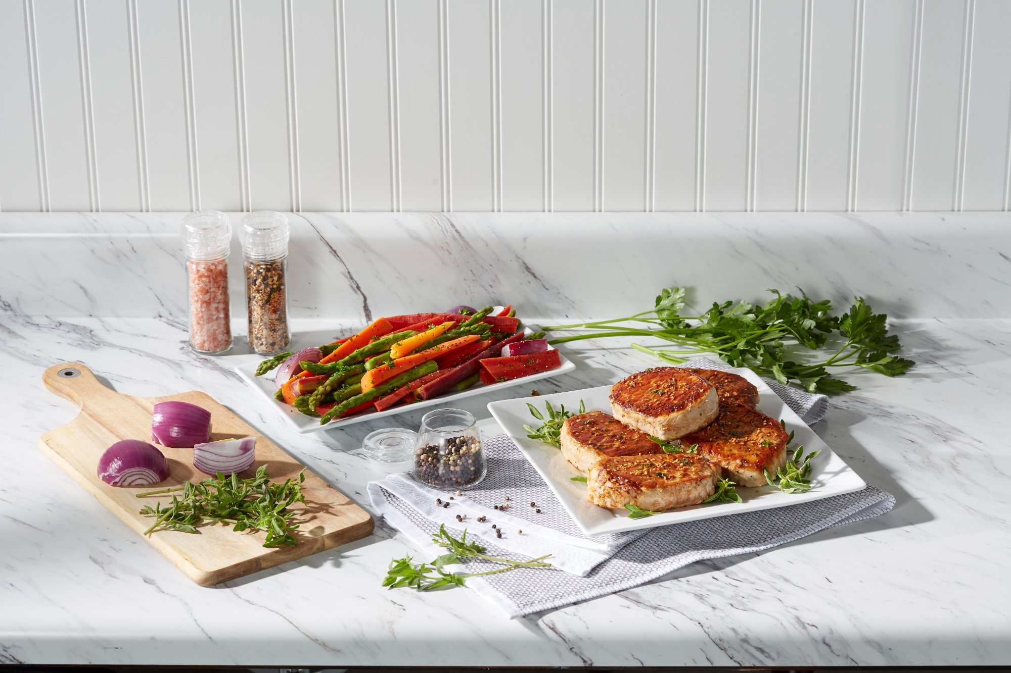 Pork chop dinner scenic food photography, Richmond Virginia